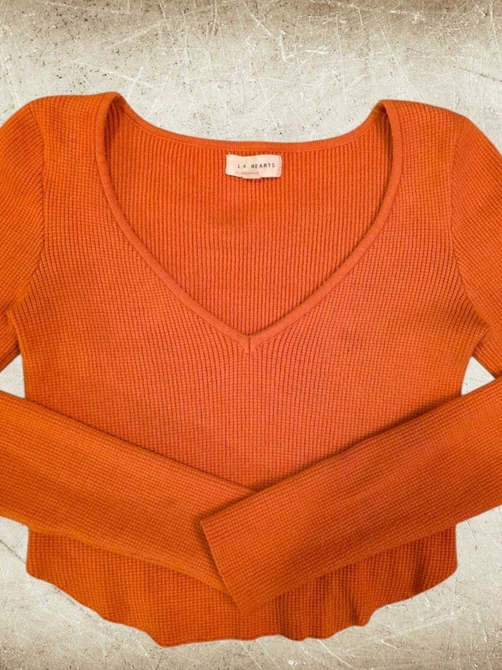 L.A. Hearts Burnt Orange Ribbed Crop Long Sleeve V Neck Fitted Stretch Sweater